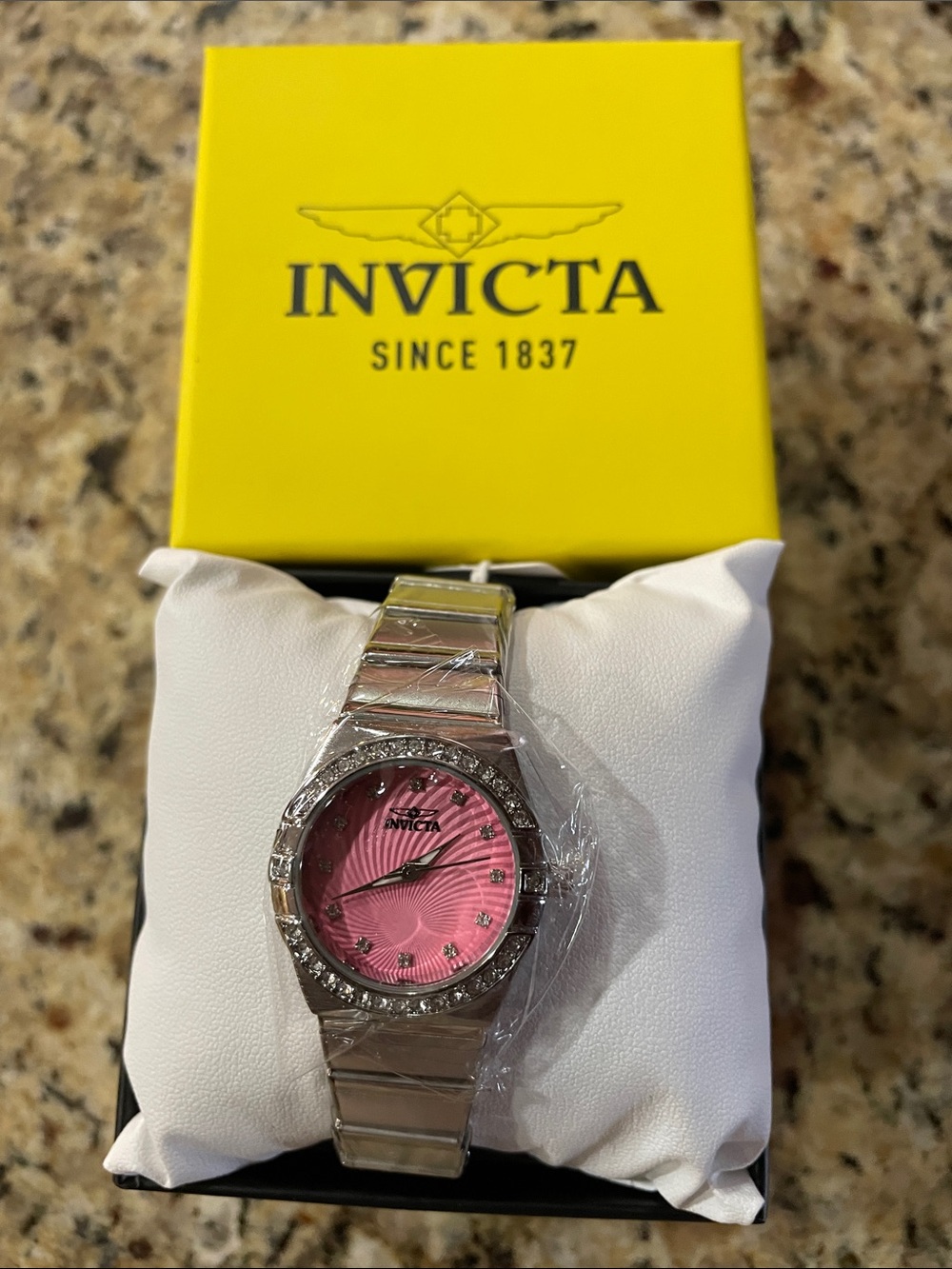 Invicta Angel Women's Silver Bracelet Watch with Pink Dial and Crystal Bezel